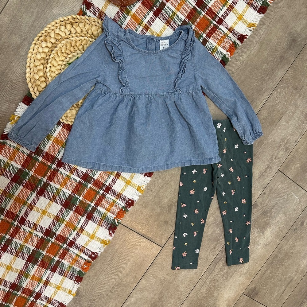 Carter’s 2T Toddler Girl Chambray Blouse & Floral Leggings Outfit Set - Picture 9 of 13